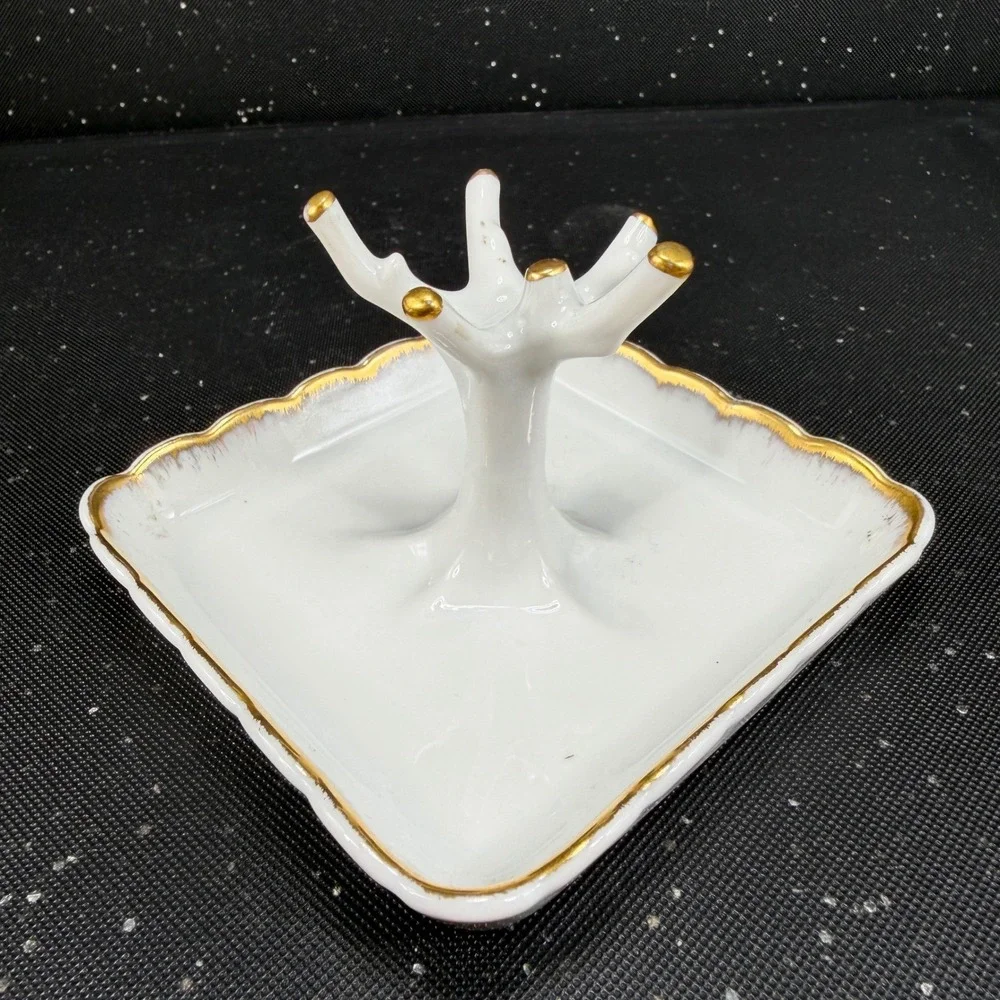 Limoges France Chamart Exclusive Porcelain Ring Holder Tree Gold Gilt White Tray